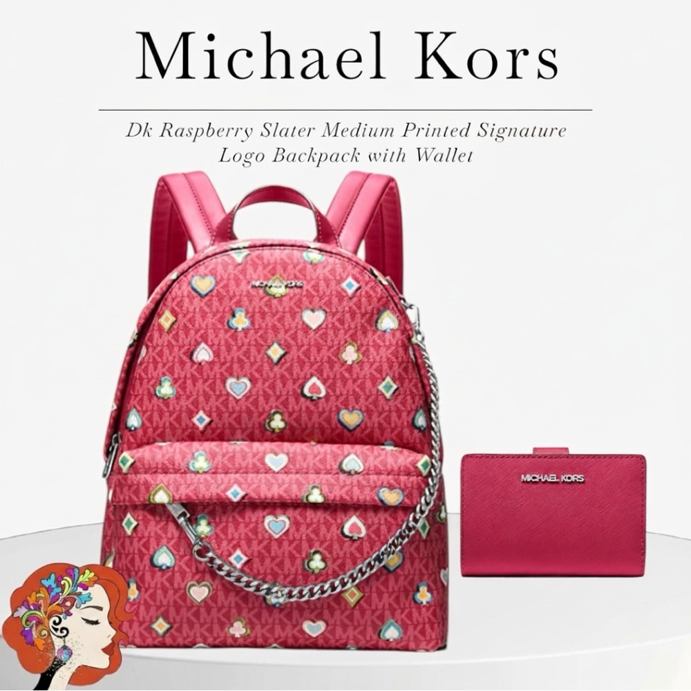HP Michael Kors Raspberry Heart Print Backpack and Wallet Set NWT